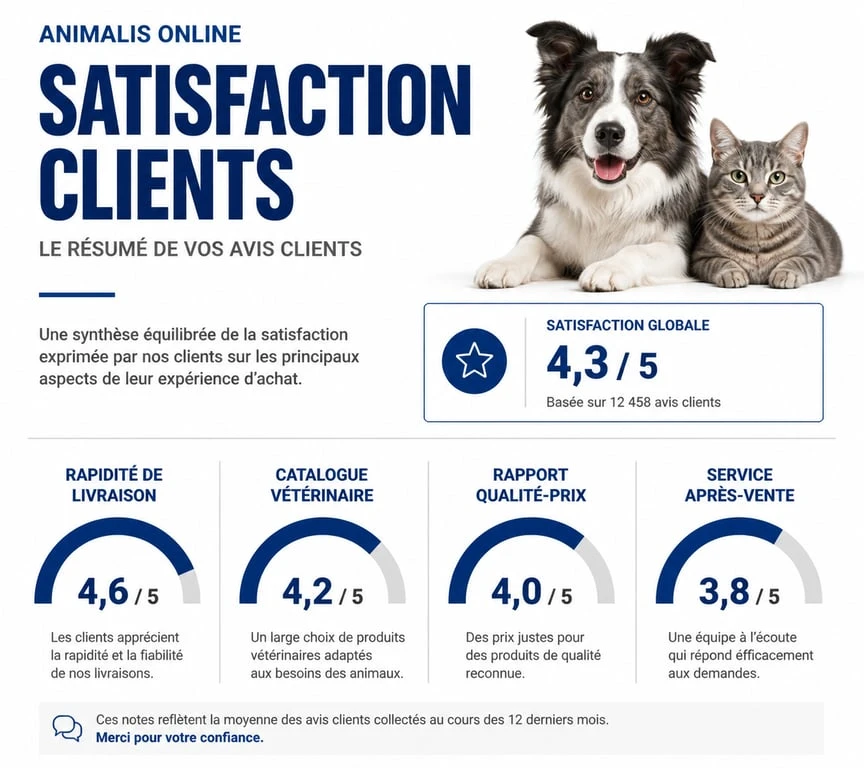 Infographie récapitulative des avis sur Vetostore : points forts et points de vigilance pour les clients.