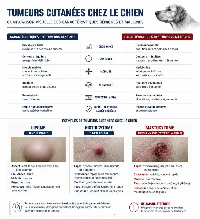 Infographie comparative des tumeurs chez le chien : bénignes vs malignes