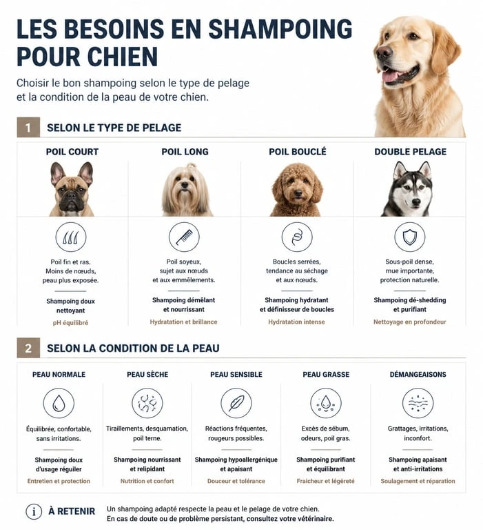 Infographie des besoins en shampoing pour chien selon le type de pelage et la peau
