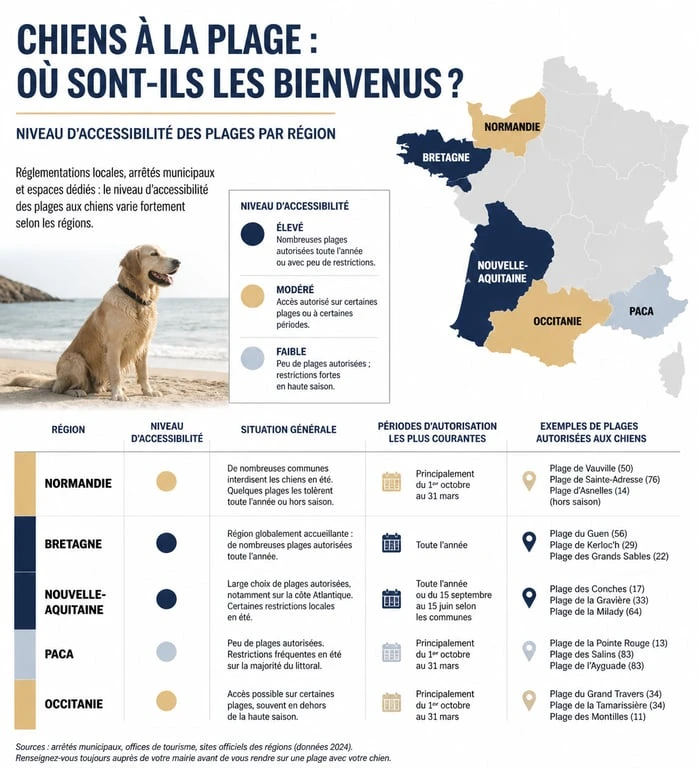 Niveau d'accessibilité des plages autorisées aux chiens par région en France