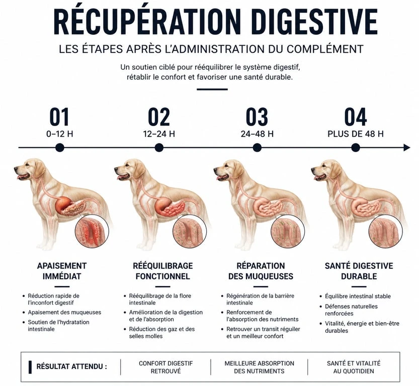 Infographie montrant le délai d'action de l'Ultradiar pour soulager la diarrhée chez le chien et le chat