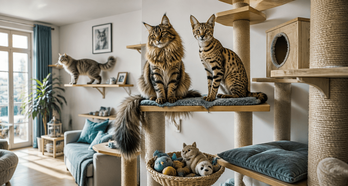 grand chat race Maine Coon Savannah Norvégien sur arbre à chat