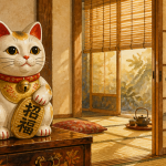 porte bonheur chat Maneki Neko en céramique blanche et or