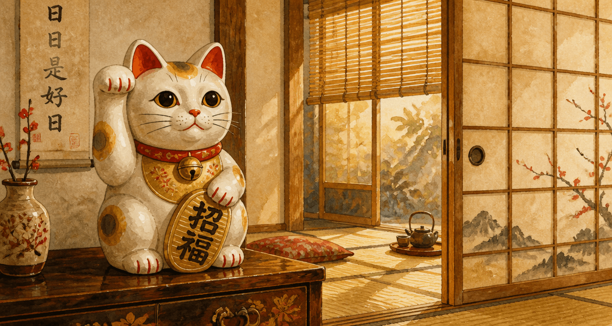 porte bonheur chat Maneki Neko en céramique blanche et or