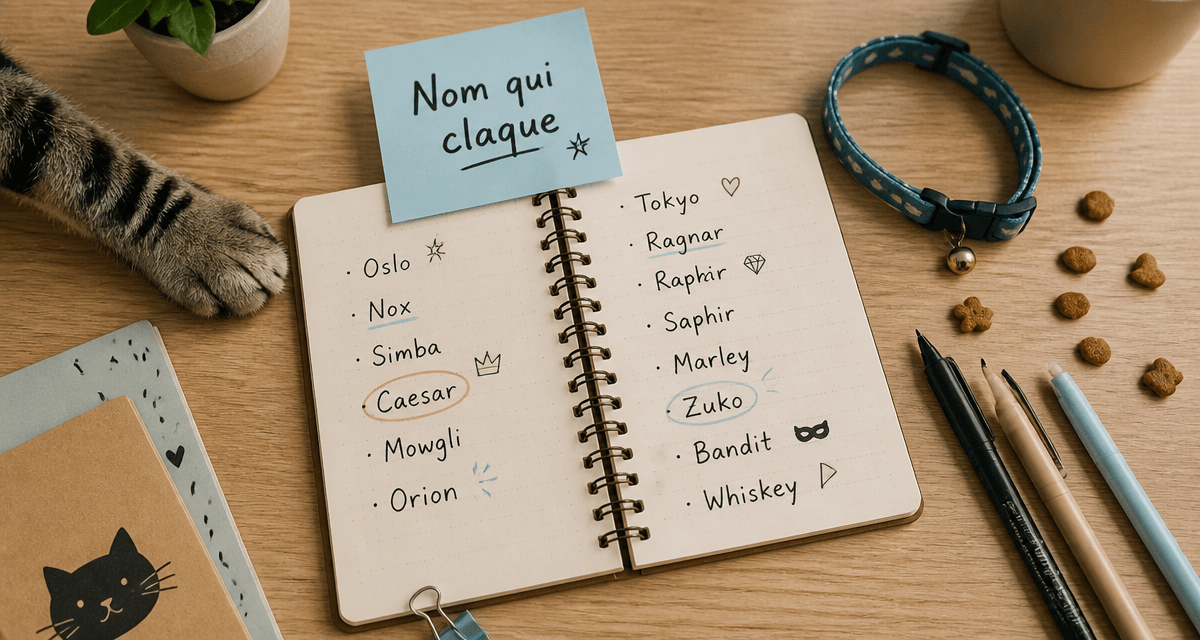 Bureau avec carnet, collier et idées de nom de chat qui claque
