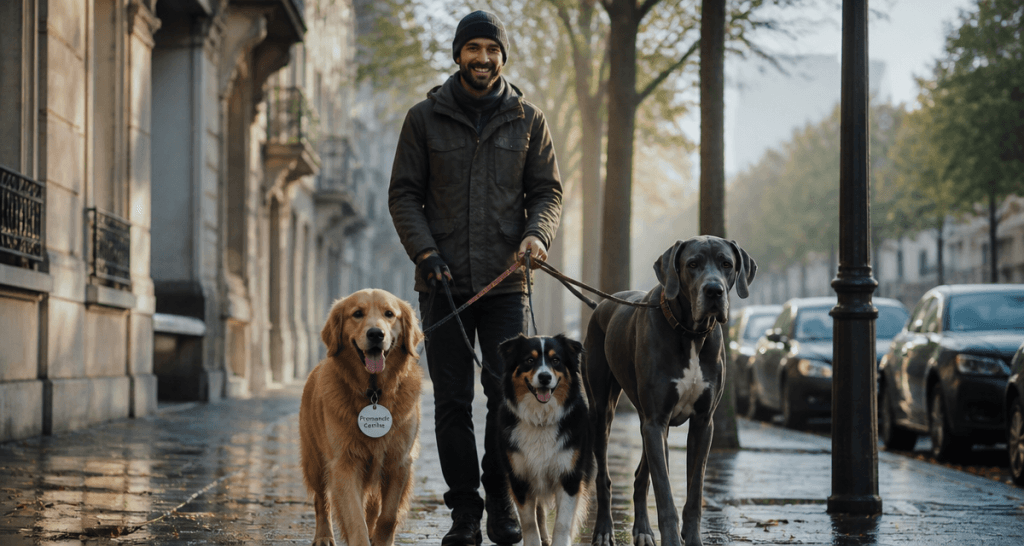 promeneur de chien parisien avec trois chiens