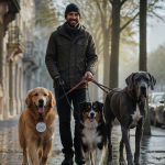 promeneur de chien parisien avec trois chiens