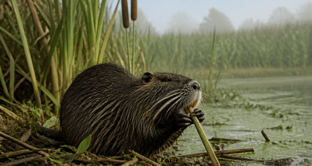 que mange un ragondin rongeant roseau au bord de l'étang