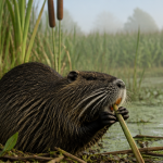 que mange un ragondin rongeant roseau au bord de l'étang