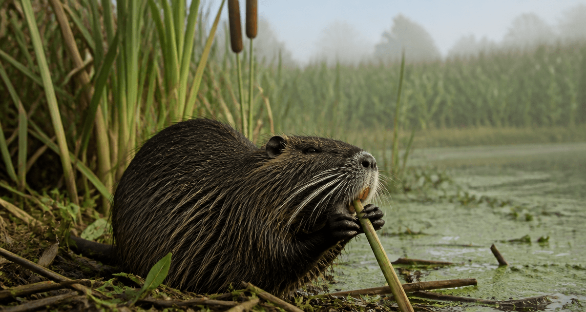 que mange un ragondin rongeant roseau au bord de l'étang