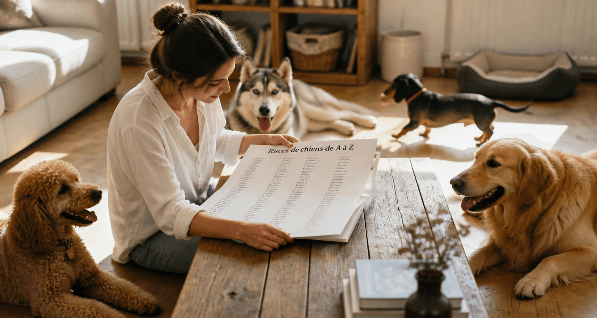 Race de chien de A à Z autour d'une femme