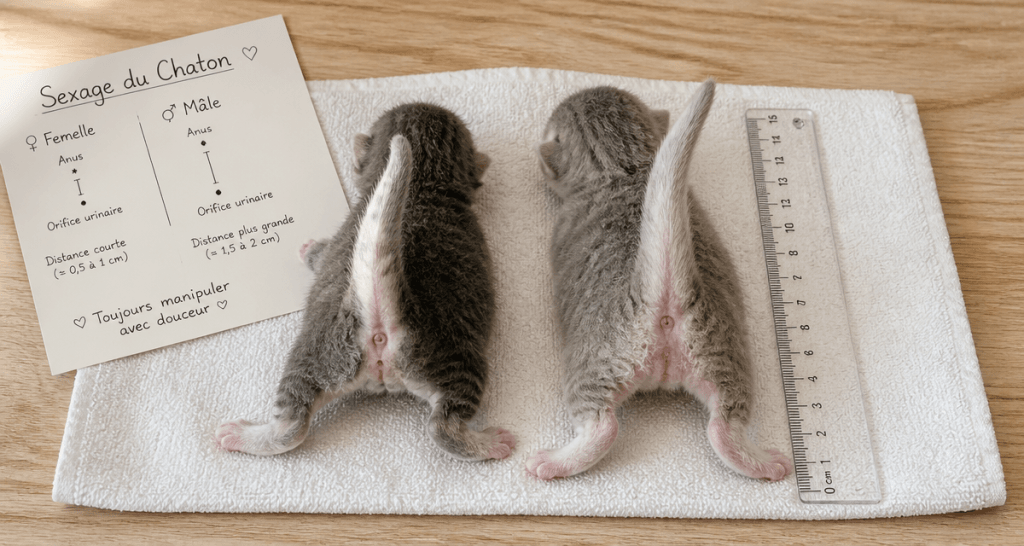 sexage chatons deux chatons sur serviette avec règle