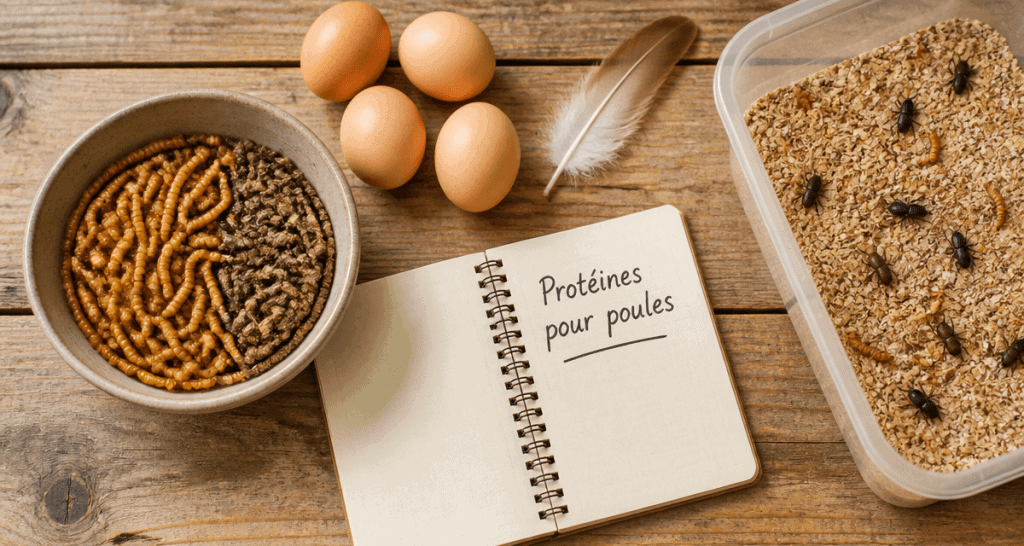 vers de farine pour poules sur table avec œufs et carnet