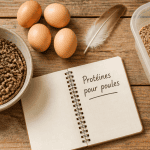 vers de farine pour poules sur table avec œufs et carnet