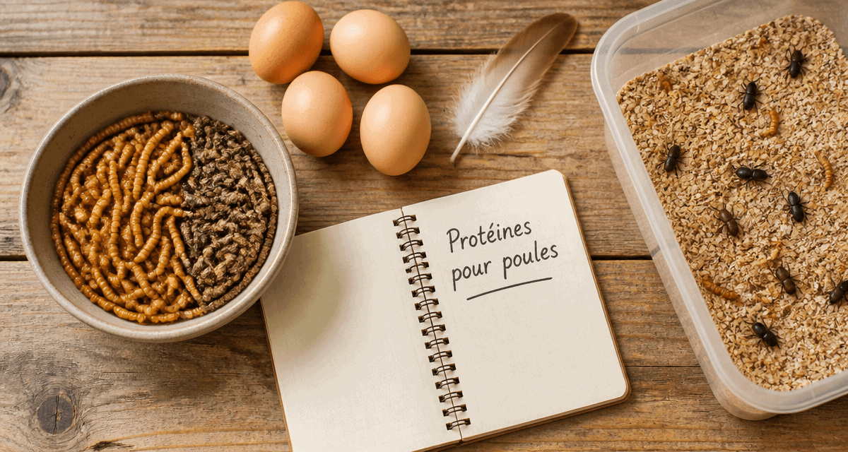 vers de farine pour poules sur table avec œufs et carnet