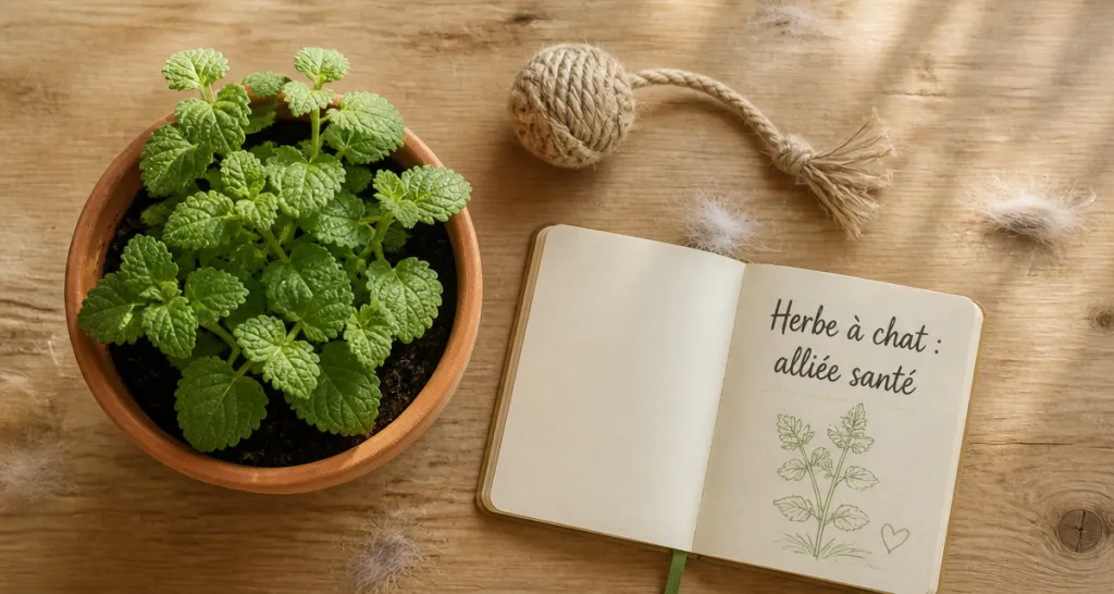 a quoi sert l'herbe a chat sur table avec jouet et carnet
