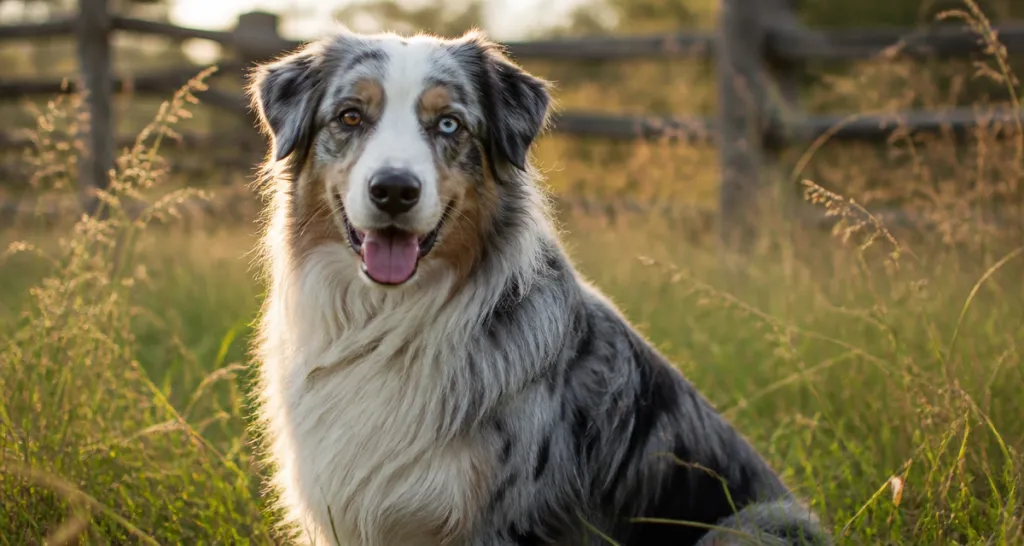berger australien bleu merle assis dans un pré