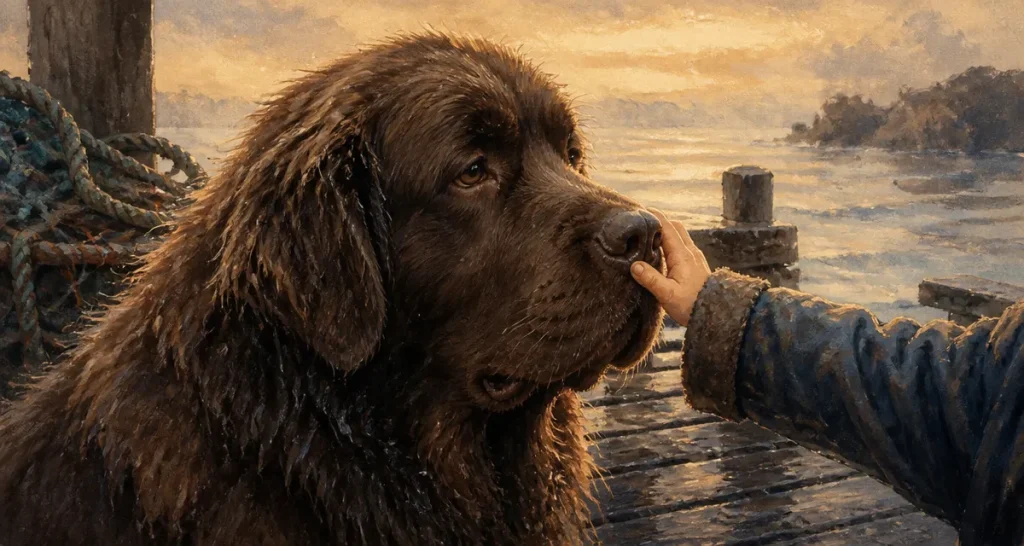 Caractere du terre neuve : chien doux près d’un quai, enfant touche le museau