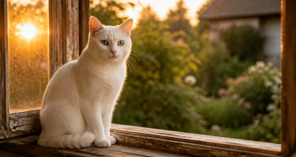 Chats blanc yeux vairons assis fenêtre