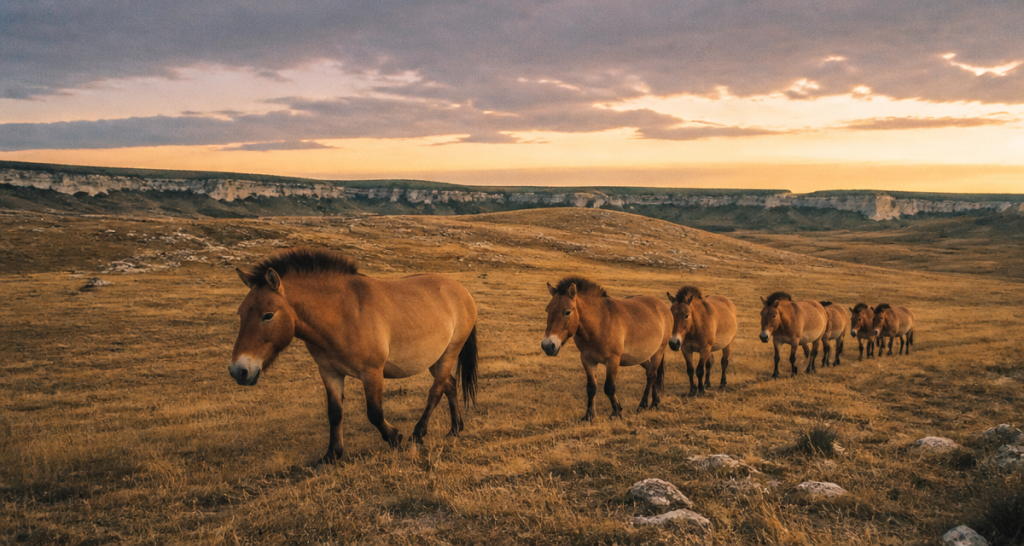 chevaux sauvages france sur le Causse Méjean au crépuscule