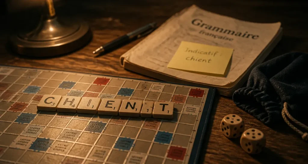 Photo Scrabble avec le mot chient, grammaire et conjugaison