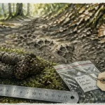 Crottes de loup fraîchement identifiées sur sol forestier