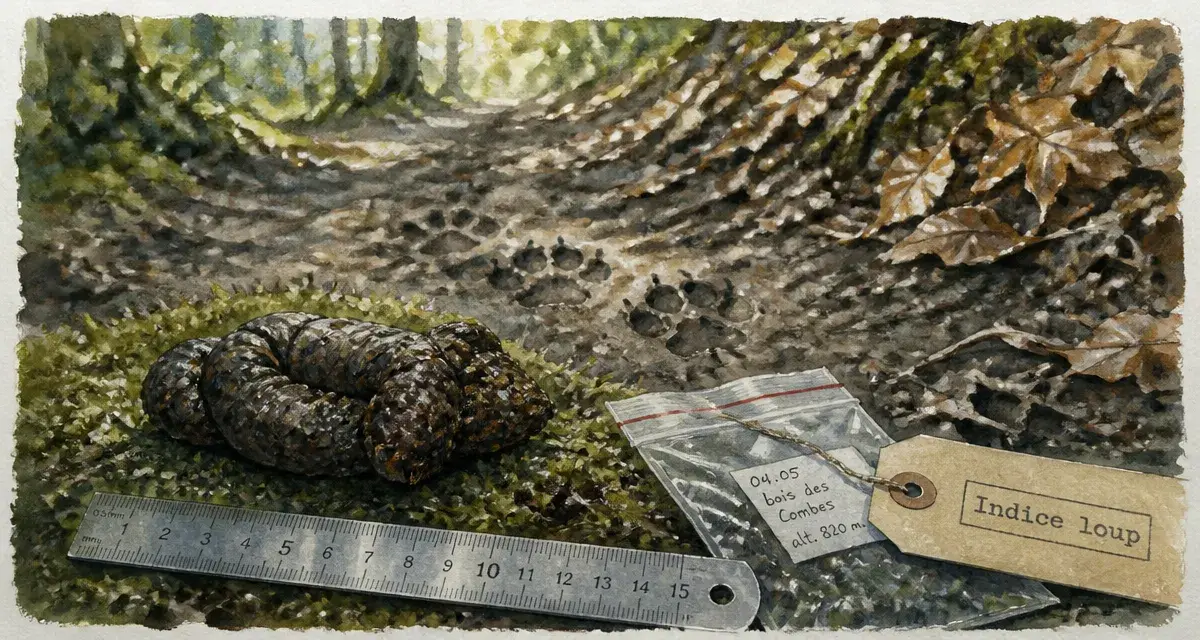 Crottes de loup fraîchement identifiées sur sol forestier