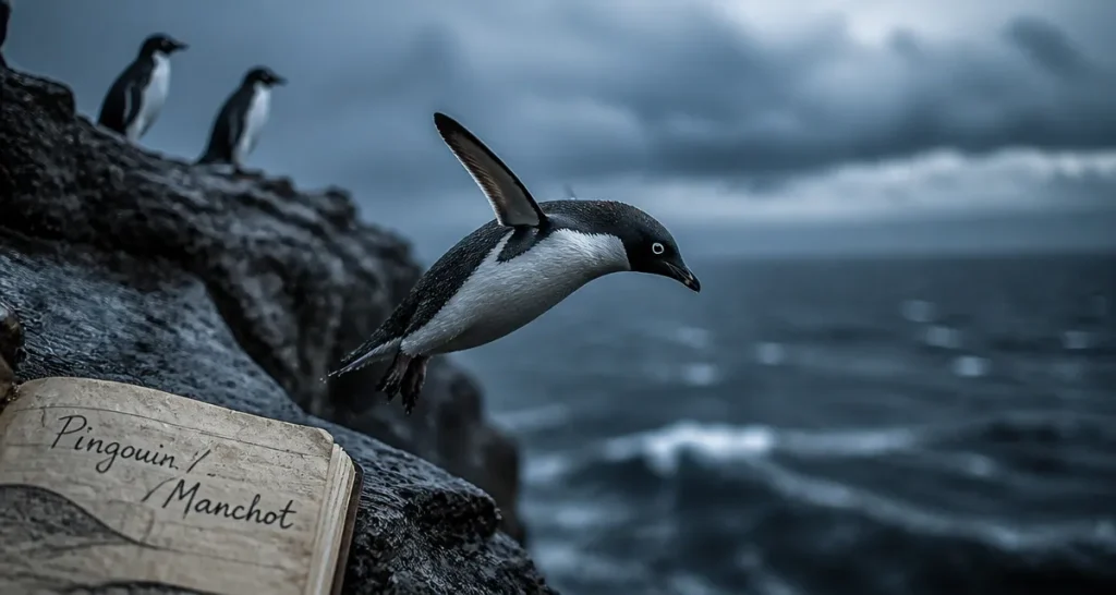 Difference entre pingouin et manchot : pingouin sur falaise rocheuse, mer Atlantique