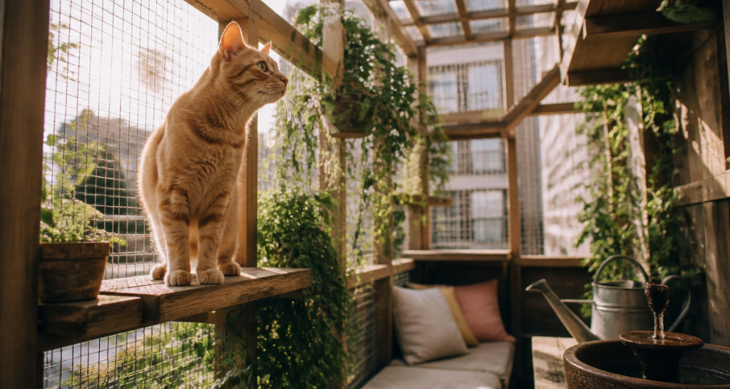 enclos chat extérieur à faire soi-même avec chat roux