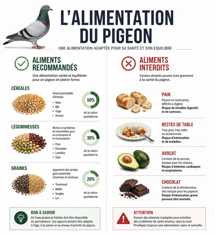 Infographie sur ce que mangent les pigeons : aliments recommandés et interdits