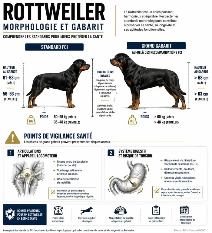 Infographie comparative des standards et caractéristiques physiques du gros rottweiler