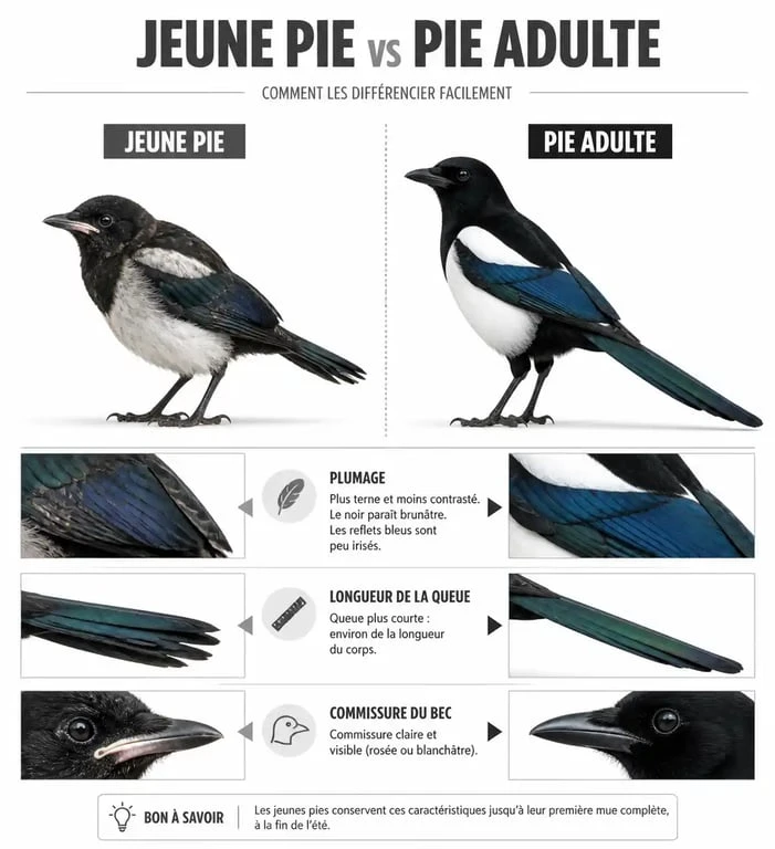 Infographie comparative pour savoir l'âge d'une pie : différences entre juvénile et adulte