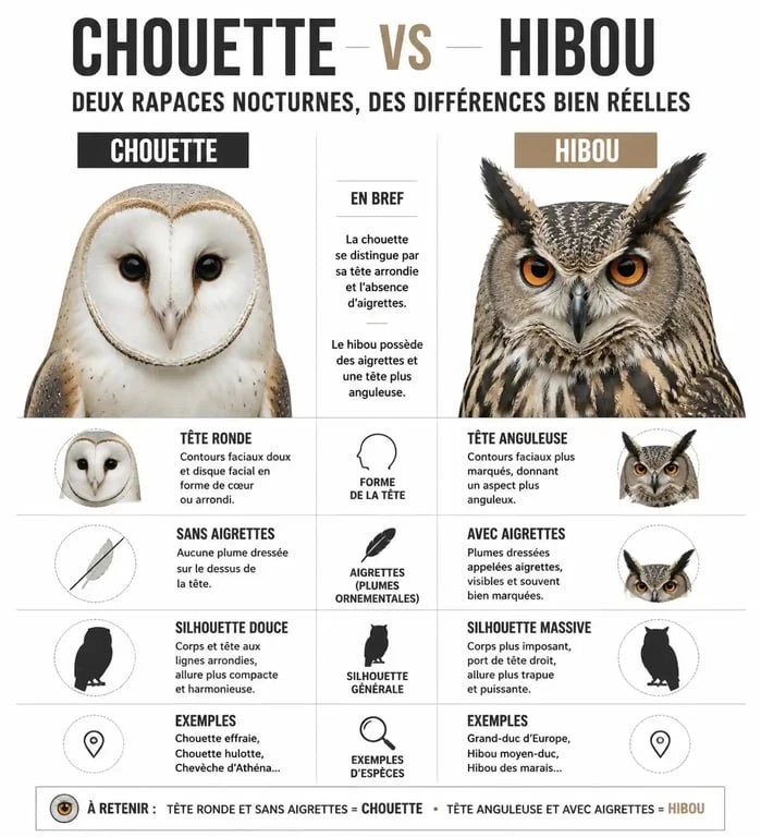 Infographie comparative des différences entre chouette et hibou pour comprendre leurs besoins et caractéristiques