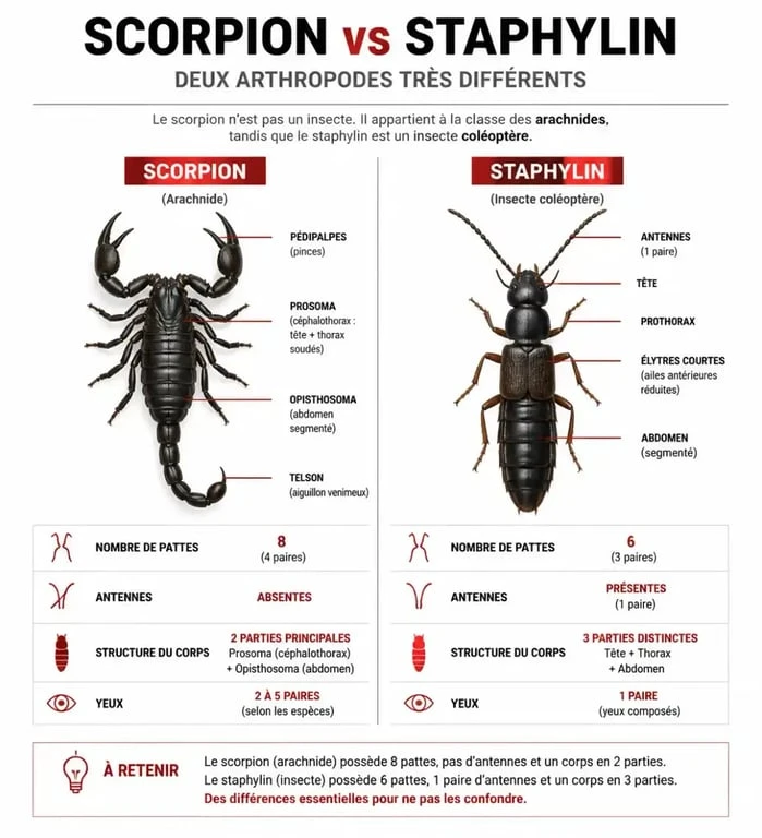 Infographie comparative entre un scorpion et un insecte staphylin pour identifier les différences anatomiques