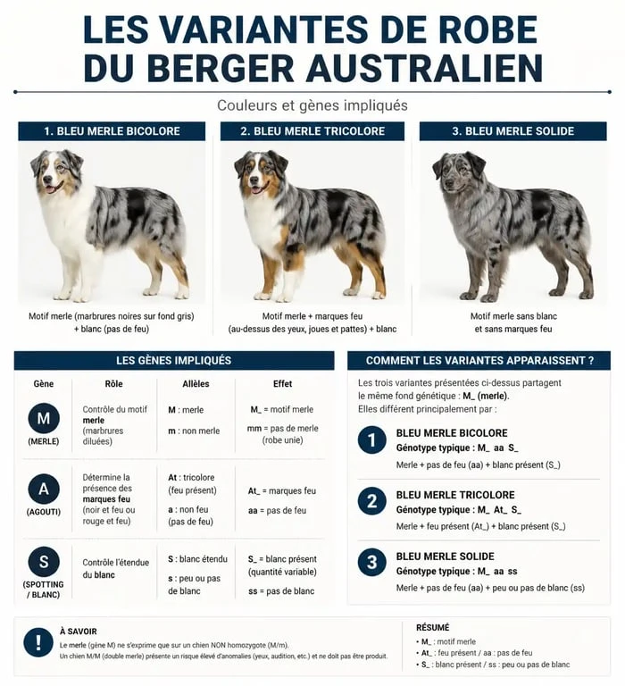 Infographie des variantes de robe du Berger Australien bleu merle
