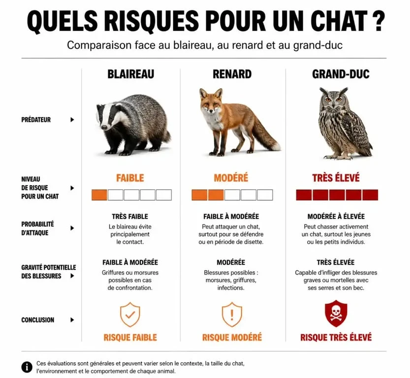 Infographie comparative des risques pour un chat face aux prédateurs nocturnes : blaireau, renard et grand-duc.