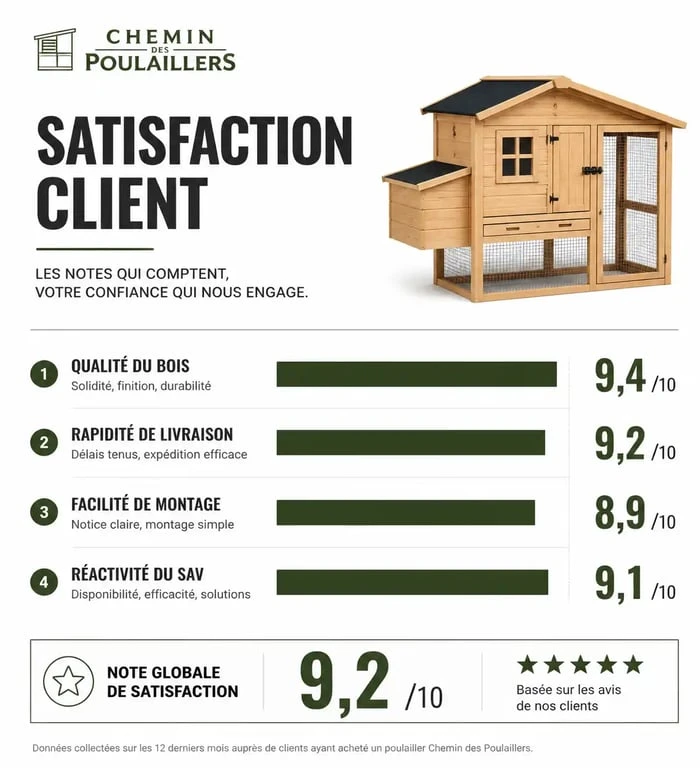 Infographie des avis clients sur Chemin des Poulaillers : scores de qualité, livraison et SAV