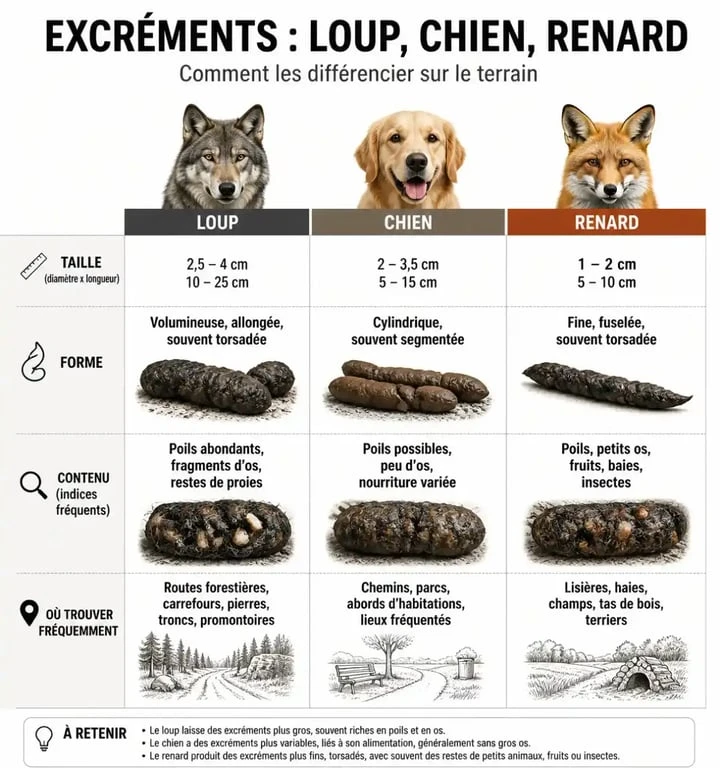Infographie comparative pour l'identification des crottes de loup, chien et renard