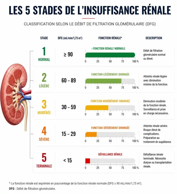 Infographie des stades de l'insuffisance rénale selon le débit de filtration glomérulaire (DFG) pour comprendre les résultats de sa prise de sang.
