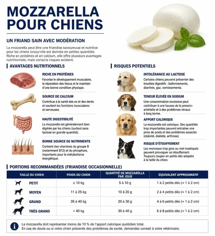 Infographie sur les bienfaits et risques de la mozzarella pour chien