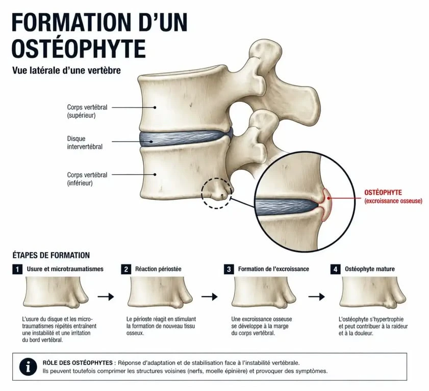 Schéma anatomique expliquant la formation d'un bec de perroquet ou ostéophyte sur une vertèbre.