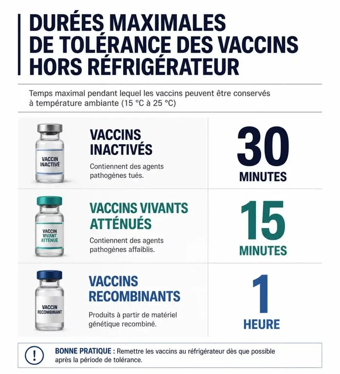 Infographie sur la durée de conservation des vaccins hors réfrigérateur selon le type de vaccin