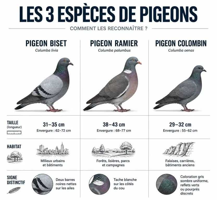Infographie comparative des espèces de pigeons : biset, ramier et colombin, illustrant leurs différences de taille, habitat et caractéristiques physiques.