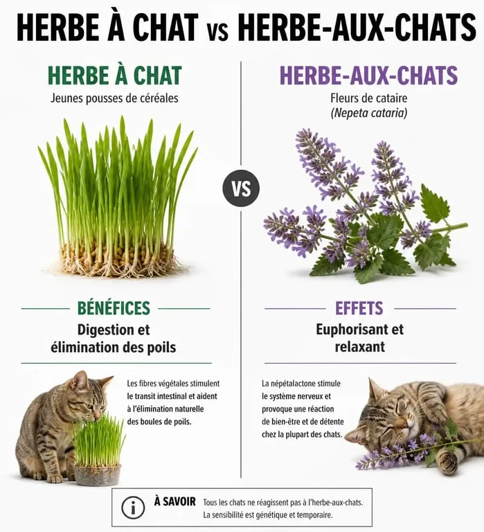 Infographie comparative entre l'herbe à chat digestive et l'herbe-aux-chats pour bien comprendre leurs différences.