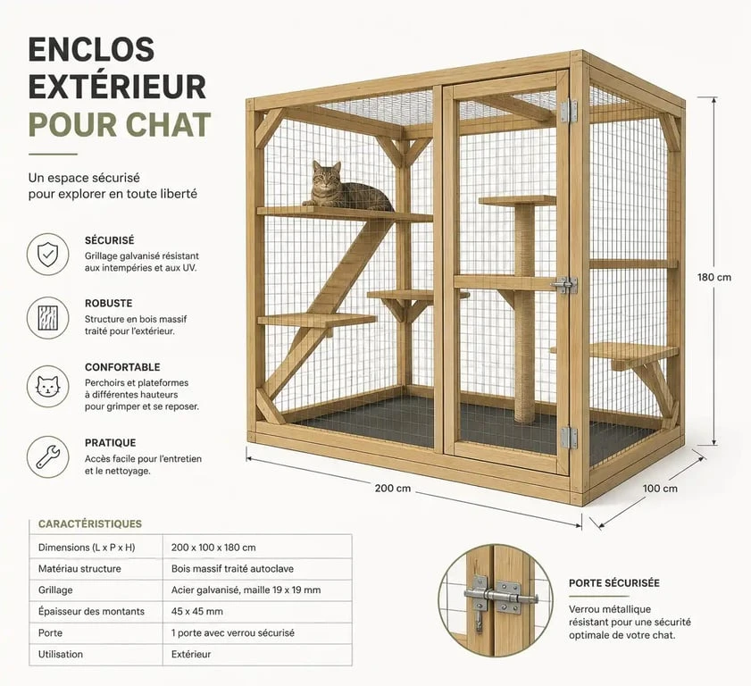 Enclos chat extérieur à faire soi-même avec structure en bois et grillage