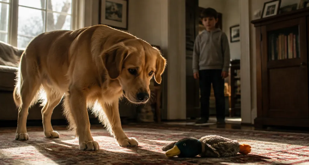golden retriever dangereux avec jouet dans salon