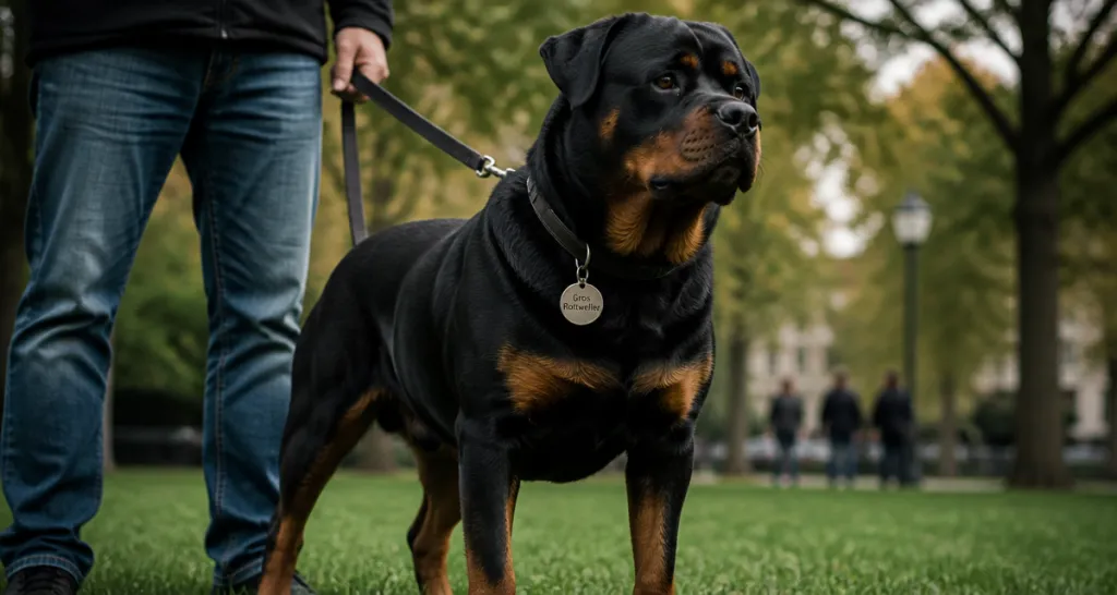gros rottweiler adulte en laisse