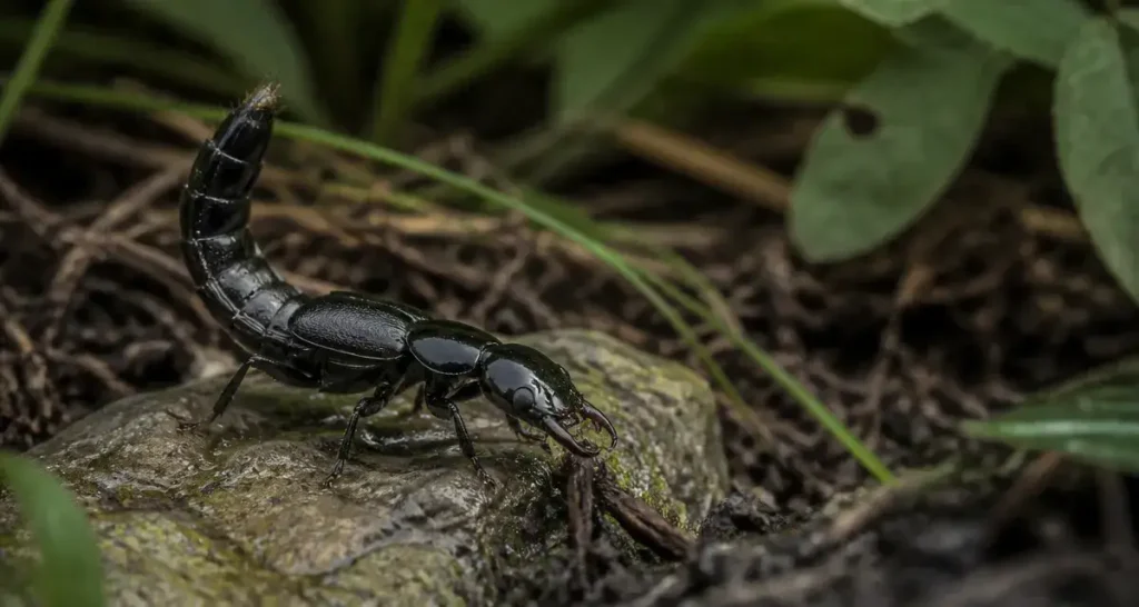 Insecte scorpion : staphylin sombre sur pierre humide, mandibules visibles