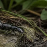 Insecte scorpion : staphylin sombre sur pierre humide, mandibules visibles