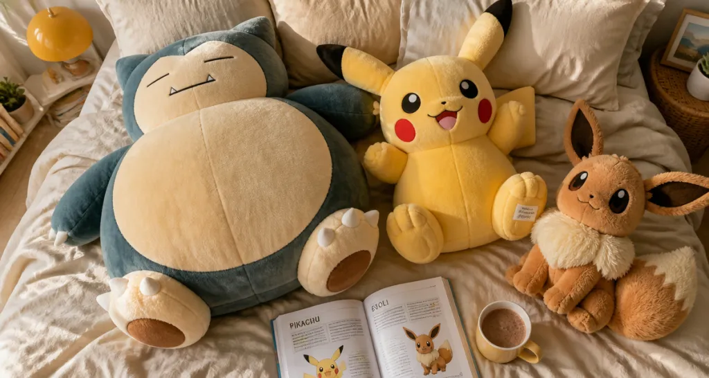 peluche pokémon géante ronflex pikachu evoli sur lit